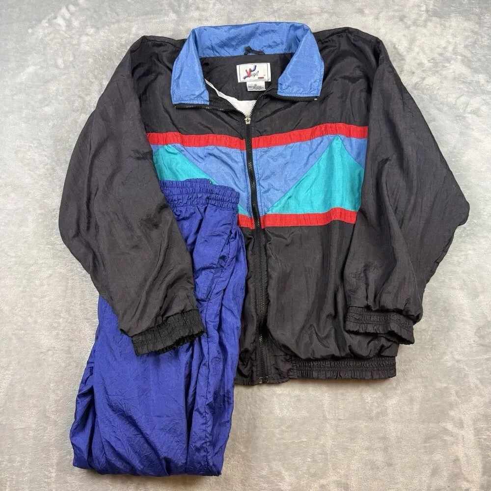 Vizari Vintage Colorblock Nylon Track Suit Black Blue Teal Red XL
